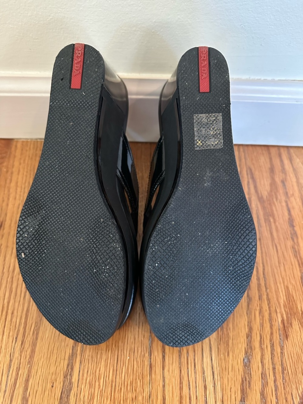 Prada Black Wedge Thong Sandals with Logo Plaque - Picture 6 of 6